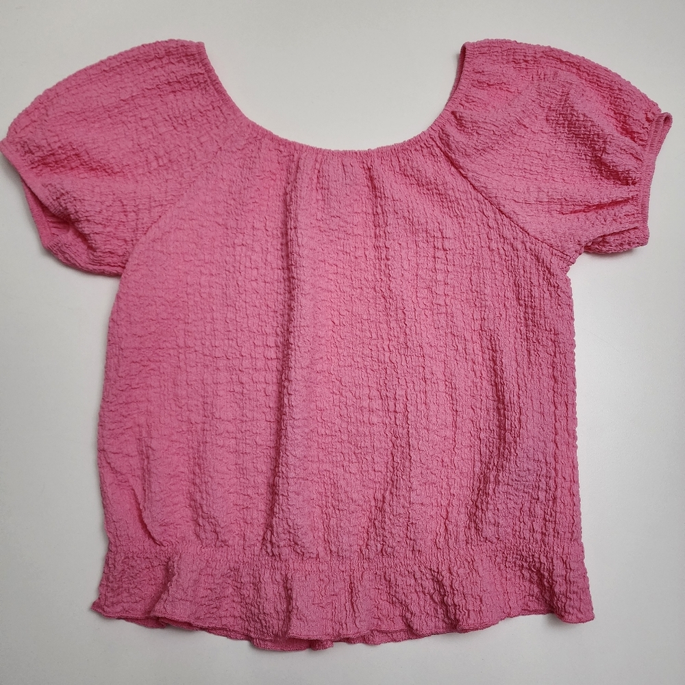 H&M Girls Puff-Sleeve Crinkle Textured Pink Shirt Top Blouse Size 8-10